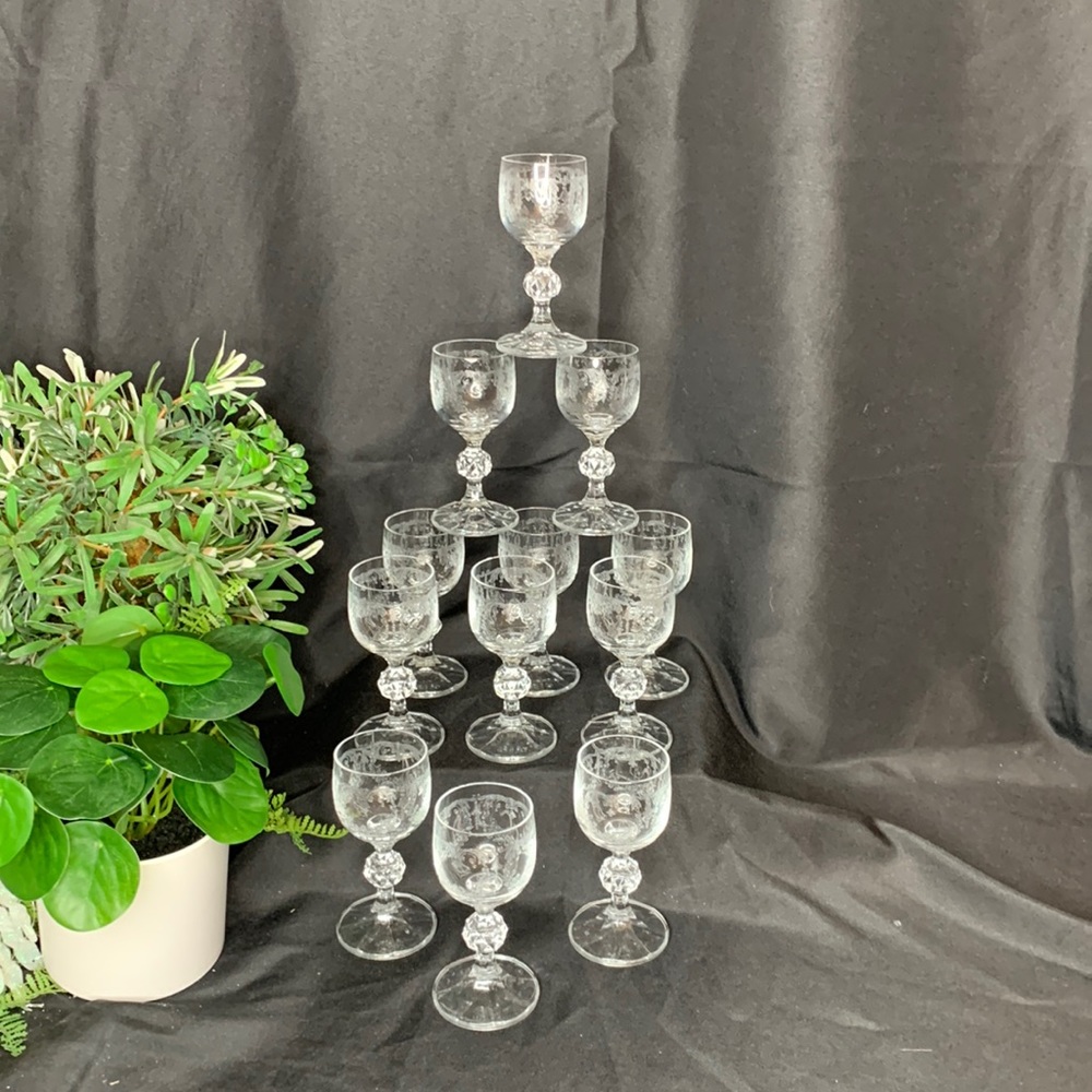 Set of 12 vintage embossed / etched glass cordial glasses